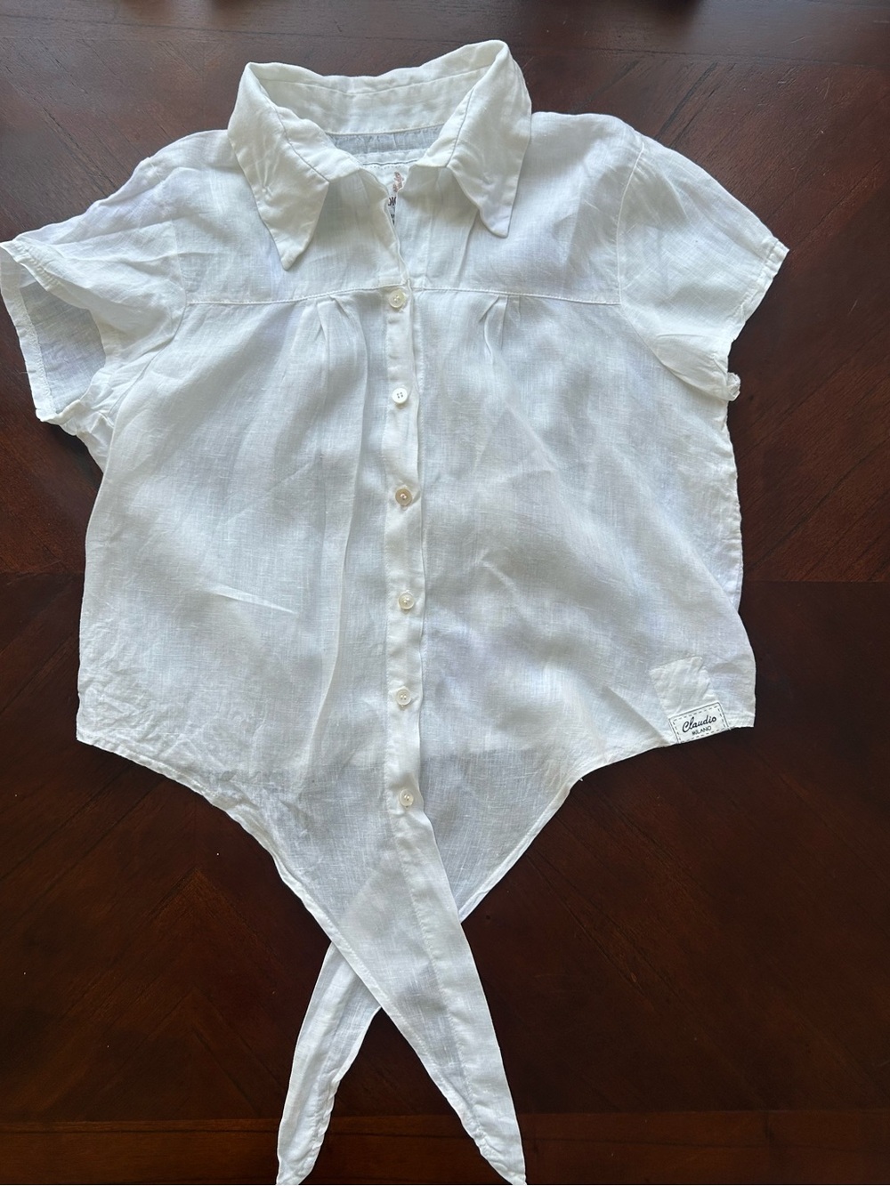 Claudio Milano Lightweight White Tie-Front Button Blouse size M 100% linen